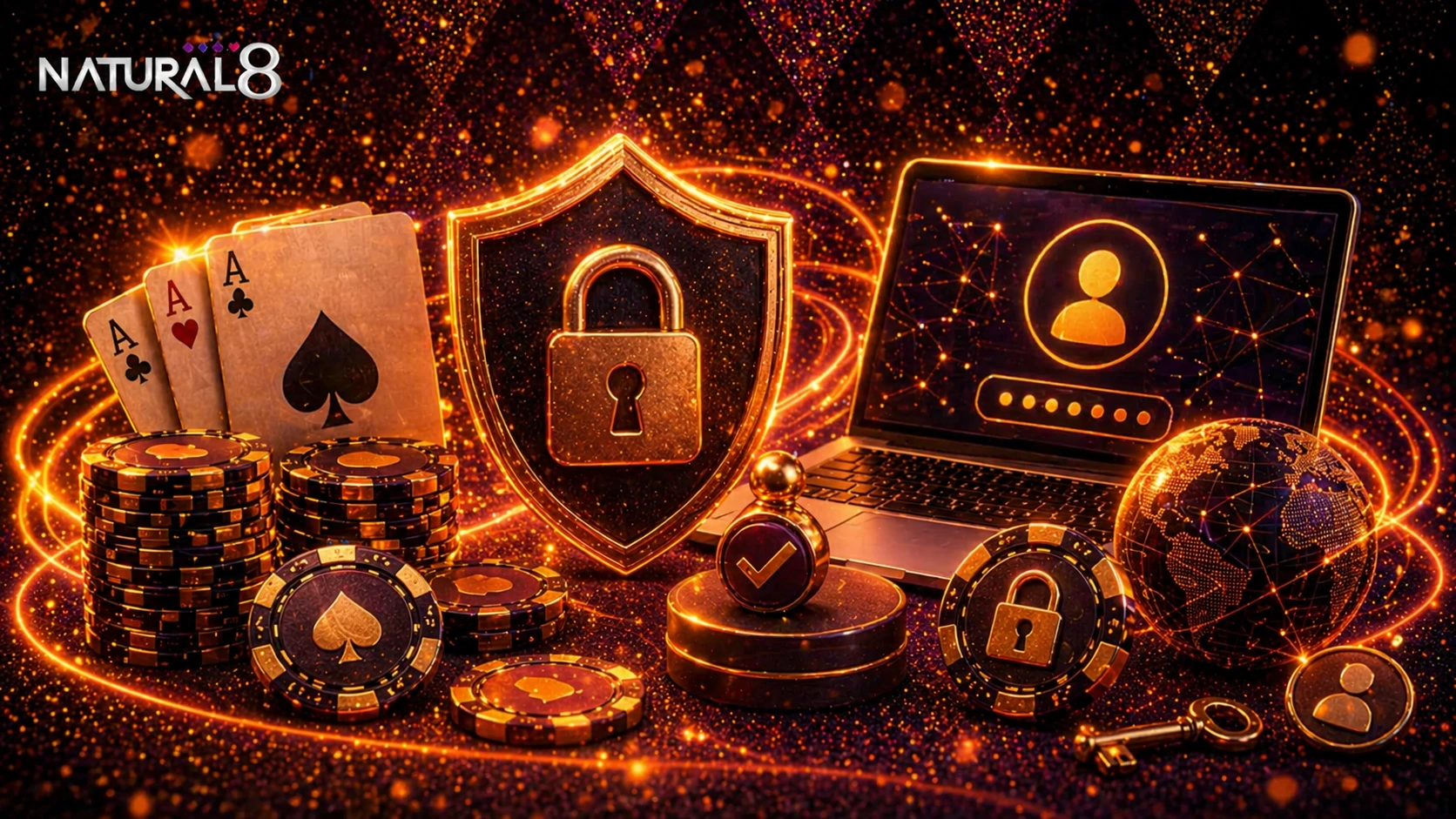 Natural8 security and account protection banner with shield, lock, laptop login screen and poker chips symbolizing user data safety