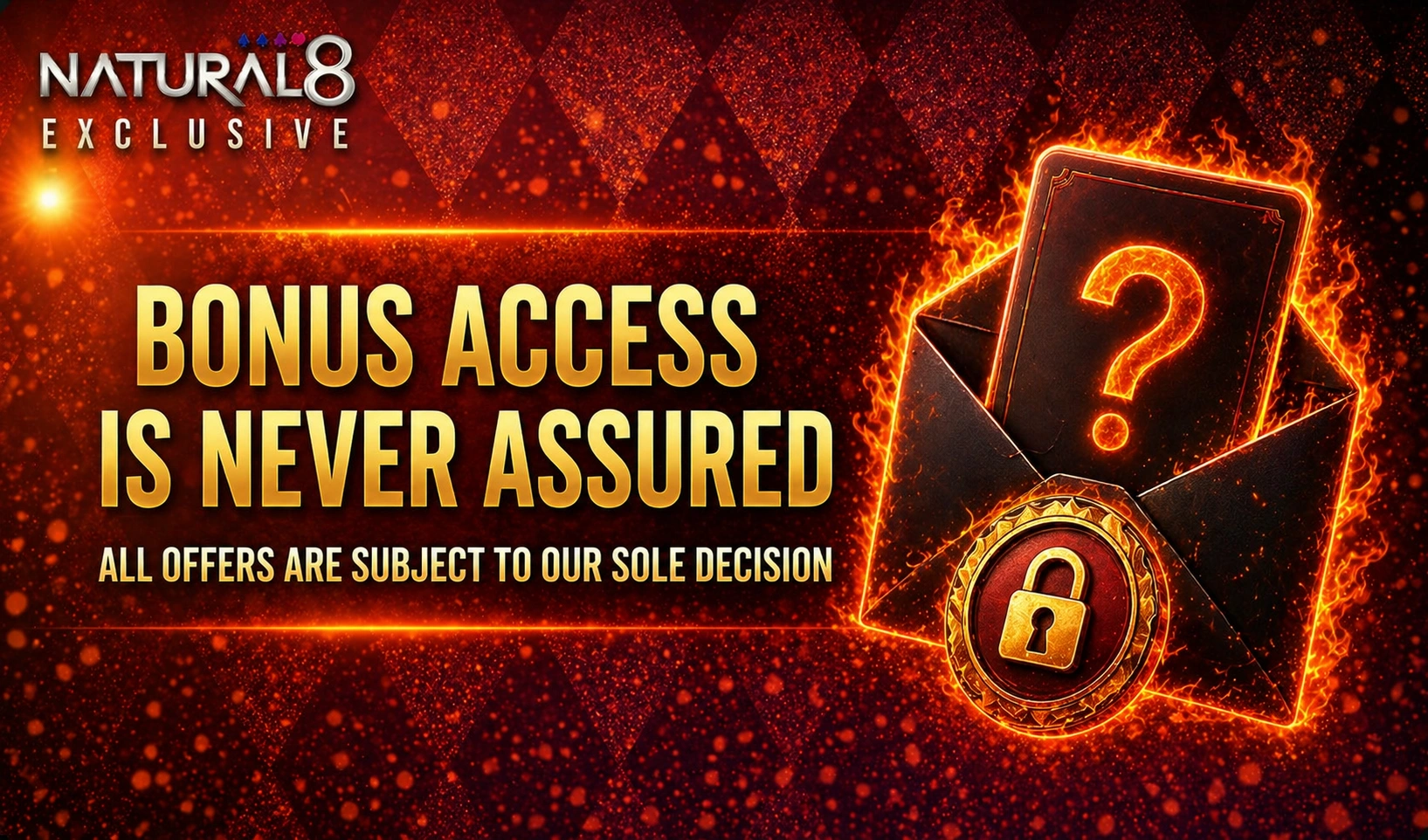 Natural8 exclusive bonus terms banner with envelope, question mark card and lock symbol representing restricted bonus access and conditional offers