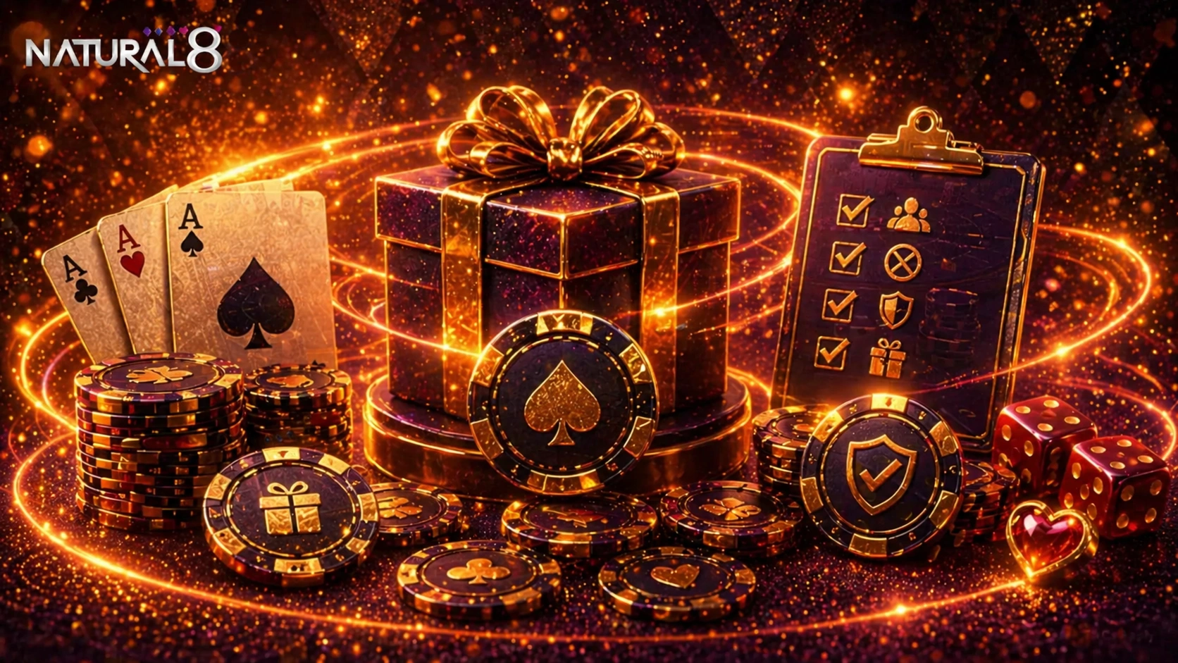 Natural8 bonus rewards banner with gift box, poker chips, playing cards and checklist representing exclusive promotions and player benefits