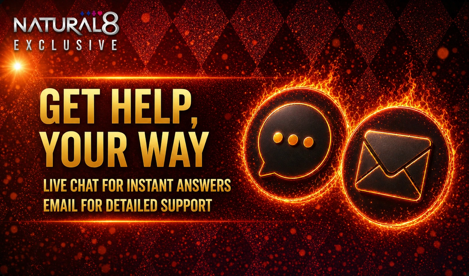 Natural8 contact options banner with glowing chat and email icons highlighting live chat support and email assistance for player inquiries