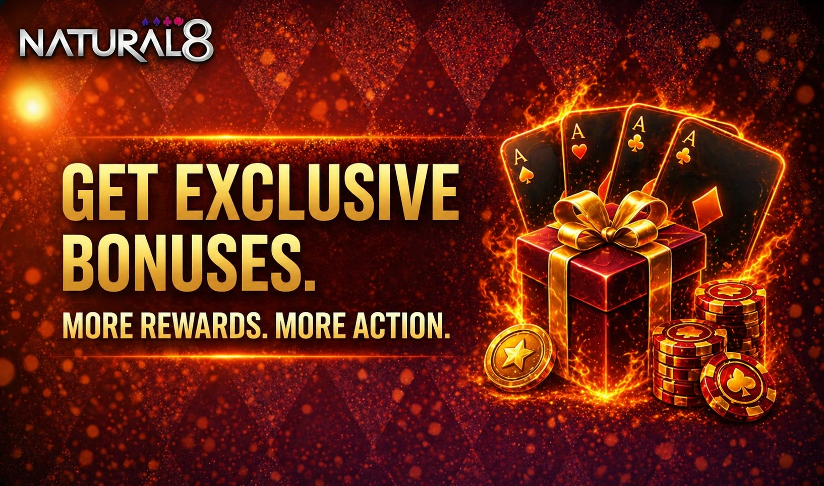 Natural8 exclusive bonuses banner with glowing gift box, poker cards and chips highlighting rewards, promotions and increased gameplay value