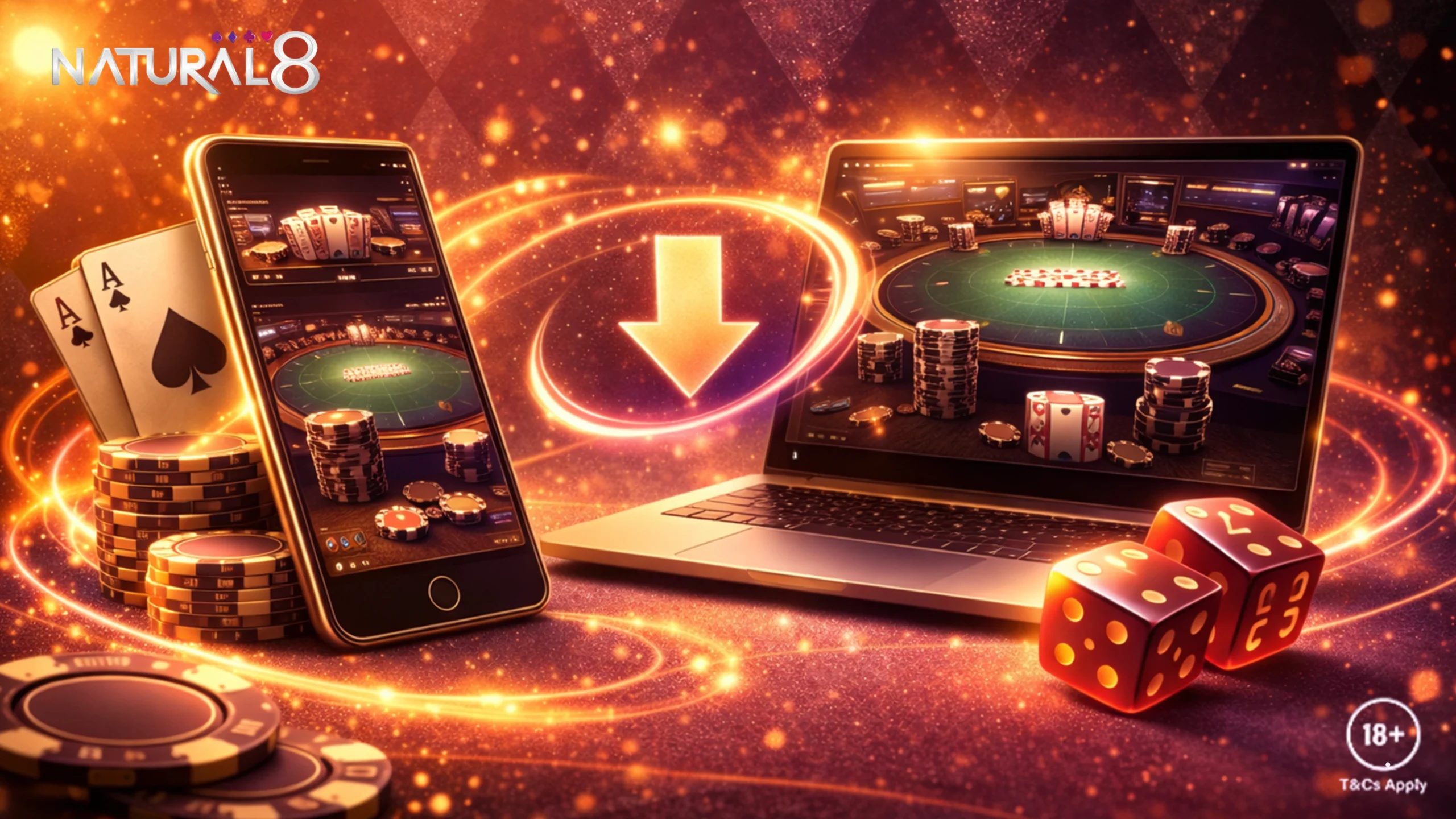 A high-quality visual of the Natural Eight poker interface on a mobile phone, surrounded by floating chips, dice, and cards, showcasing cross-platform play
