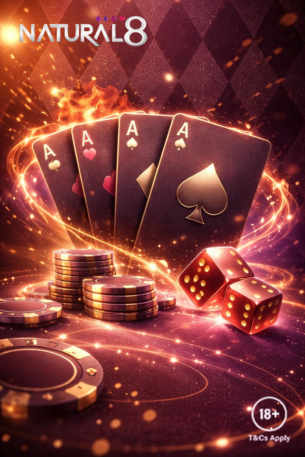 Natural Eight promotional banner featuring four Aces with a flaming backdrop, branded poker chips, and stacks of gold coins, highlighting jackpot opportunities