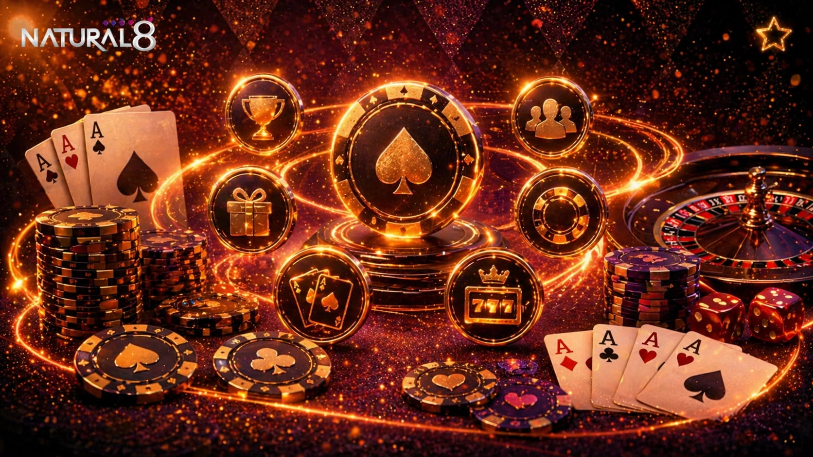 Natural8 poker ecosystem banner with central chip, roulette wheel, cards and icons representing rewards, tournaments and multiplayer gameplay