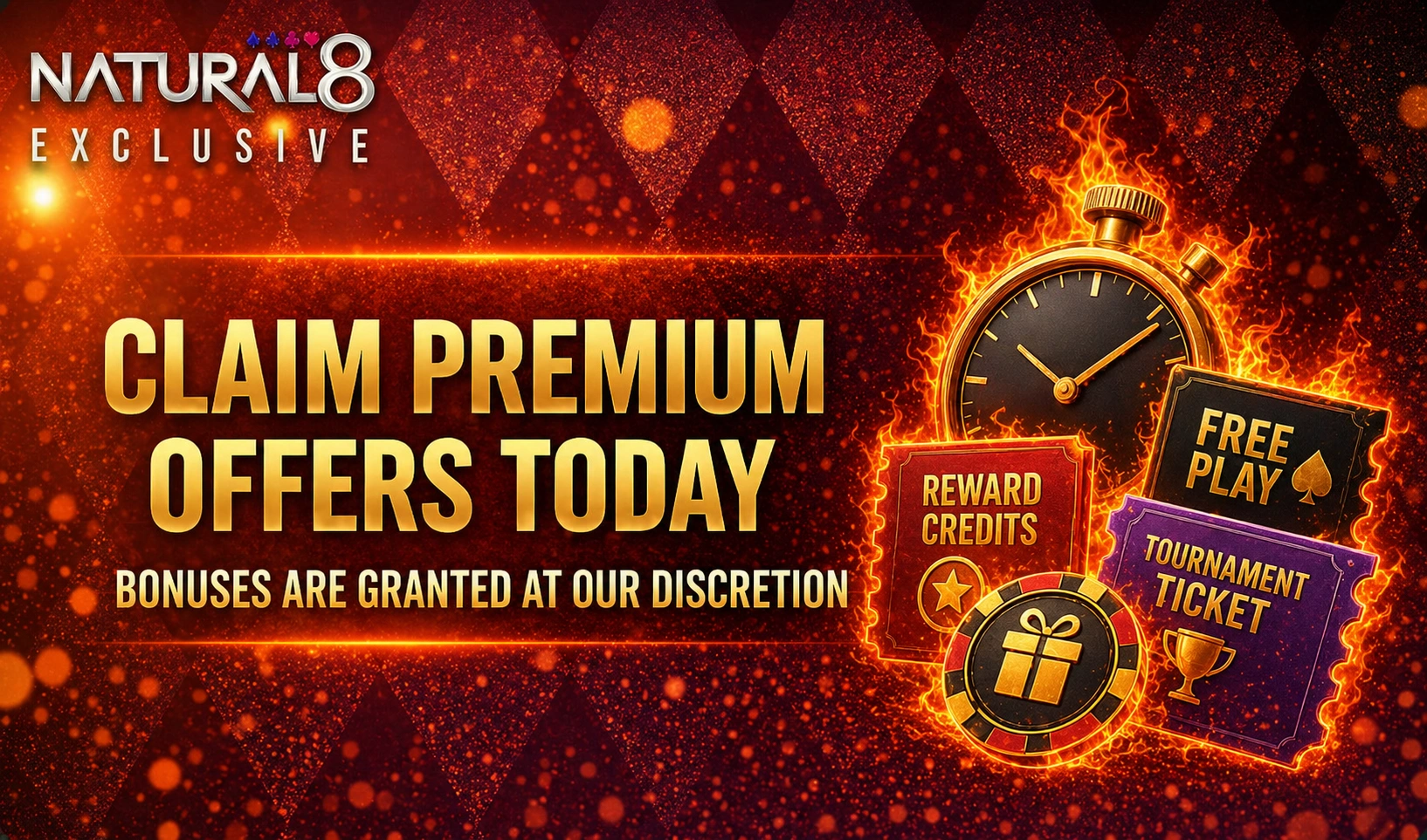 Natural8 premium offers banner with stopwatch, reward credits, free play and tournament ticket icons representing limited time promotions and bonus rewards