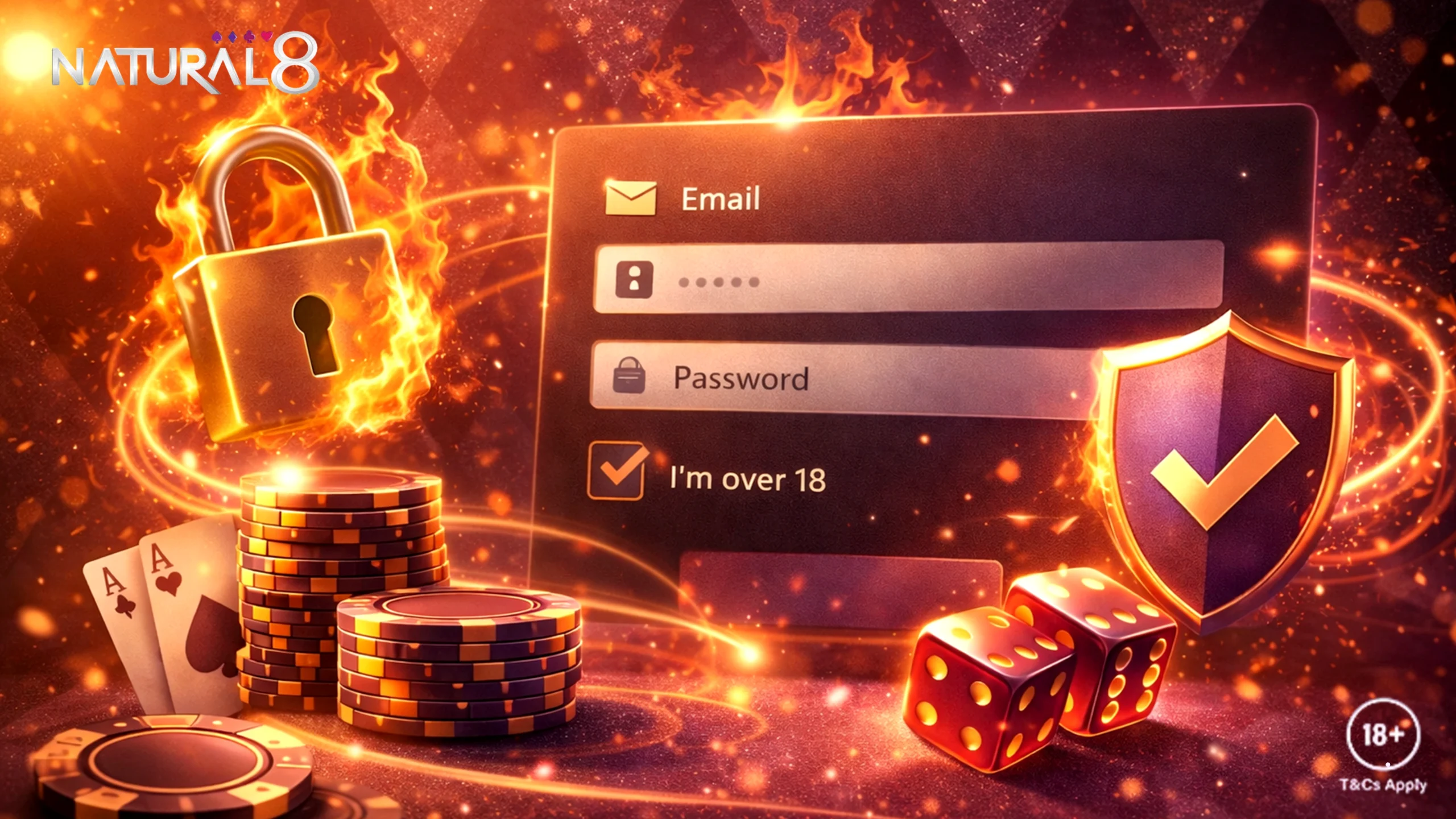 Natural Eight promotional banner for secure registration featuring a golden shield with a checkmark, burning poker chips, and stacks of gold coins
