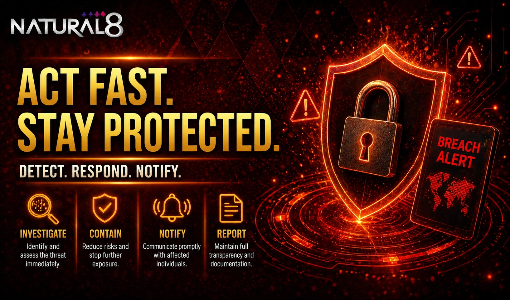 Natural8 cybersecurity banner with shield, lock and breach alert screen representing threat detection, response and account protection