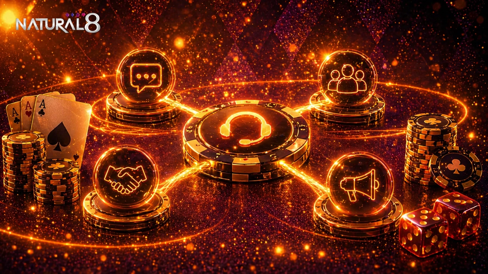 Natural8 support network banner with headset icon, chat, email, partnership and community symbols connected around central hub with poker elements