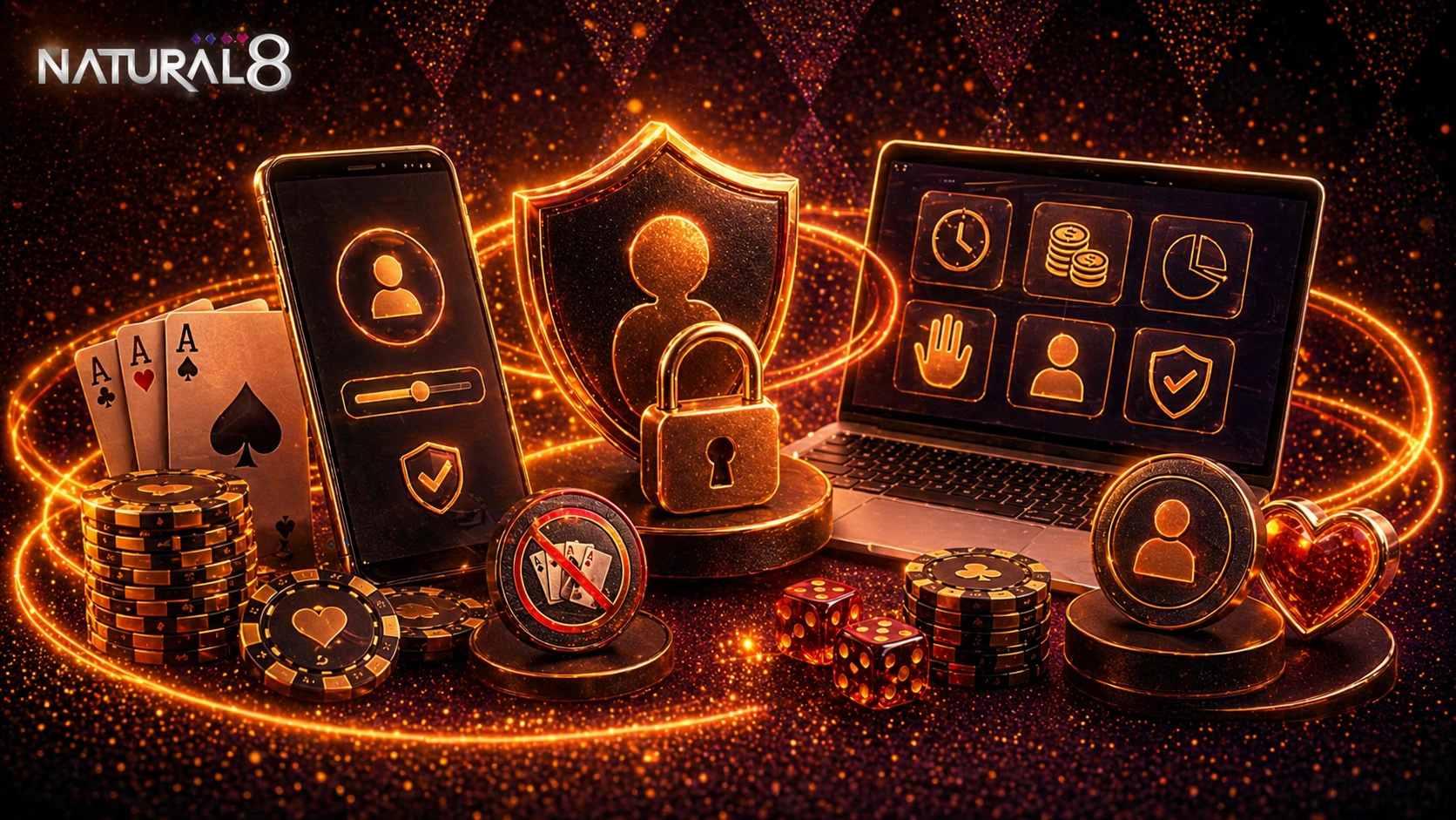 Natural8 user protection banner with shield, lock, smartphone login and poker chips representing secure account access and identity verification