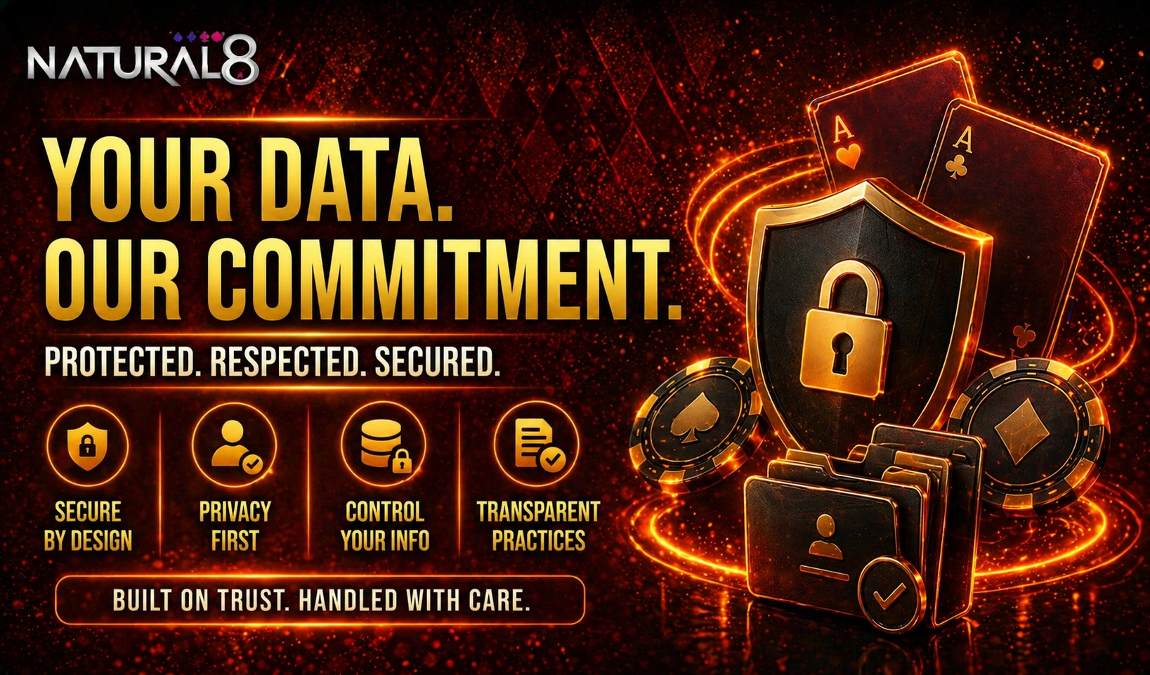 Natural8 data protection banner with shield, cards and icons highlighting privacy, secure storage and transparent user data practices