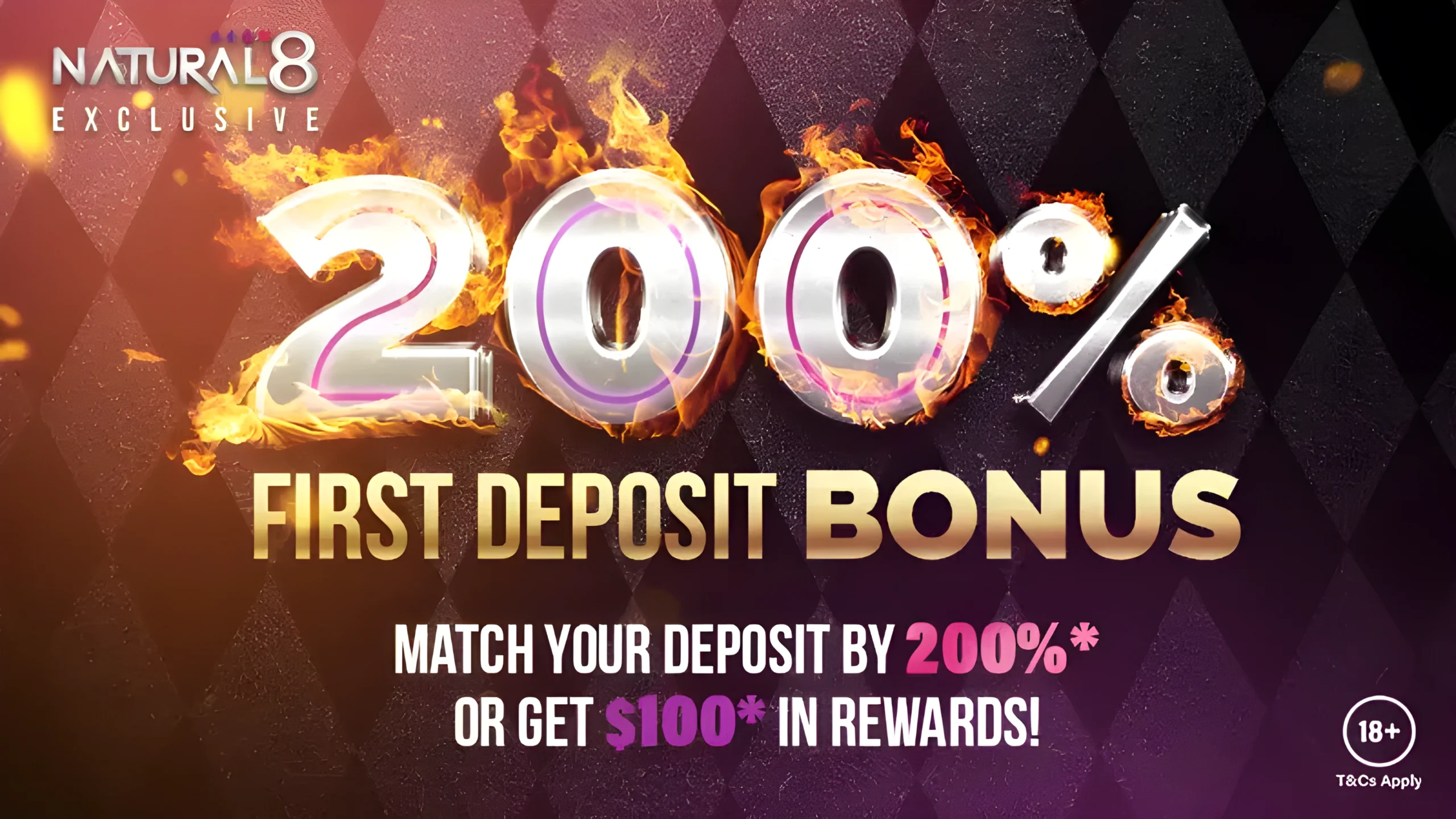 Natural Eight 200 percent first deposit bonus offer with match bonus and 100 dollar rewards promotion