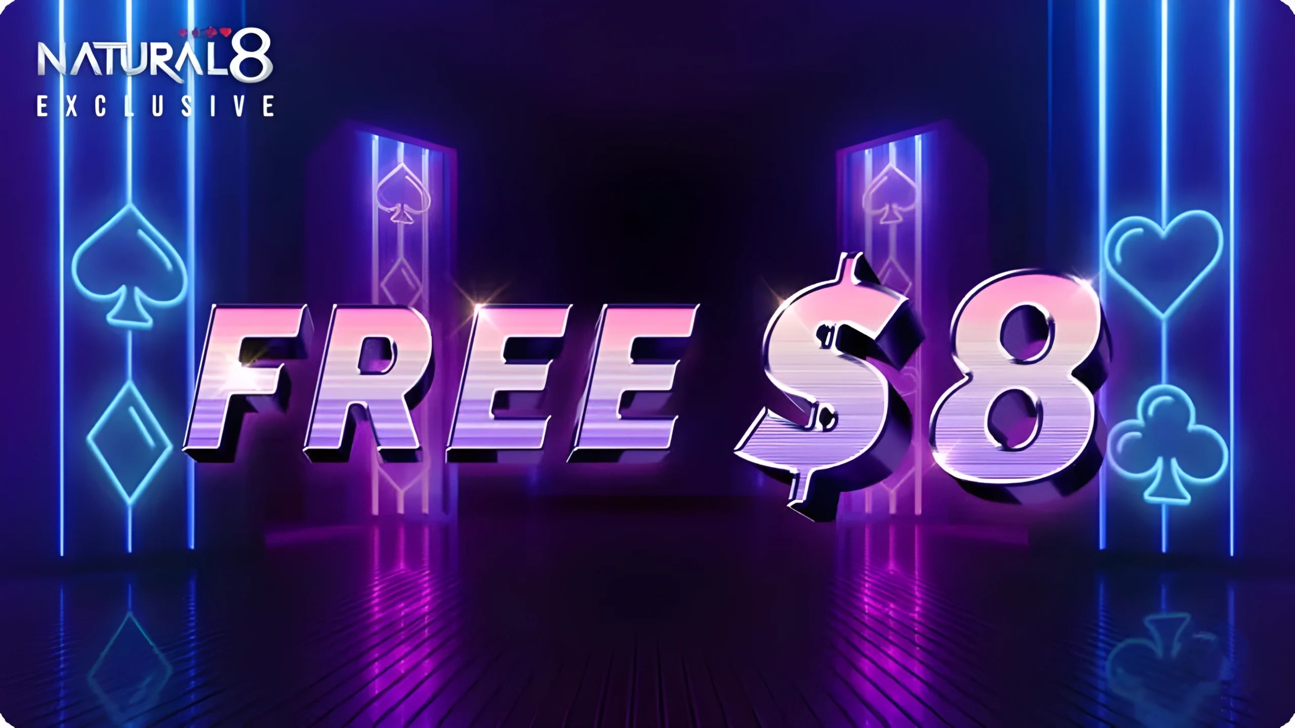 Natural Eight free 8 dollar poker bonus promotion with neon casino background